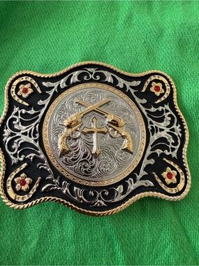Taylor Brands Silver Western Buckle on Green Fabric